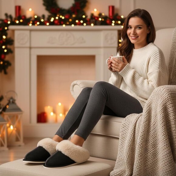 Women's Black Fluffy Cozy Winter Warm Plush Memory Foam Slip On Slippers Shoes - Picture 2 of 6